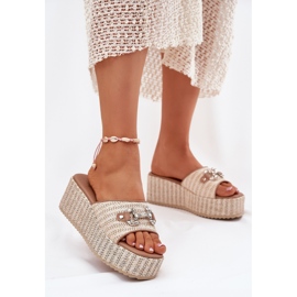 Cuñas de mujeres con cuña con trenza y decoración beige 2