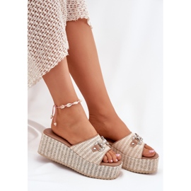 Cuñas de mujeres con cuña con trenza y decoración beige 6