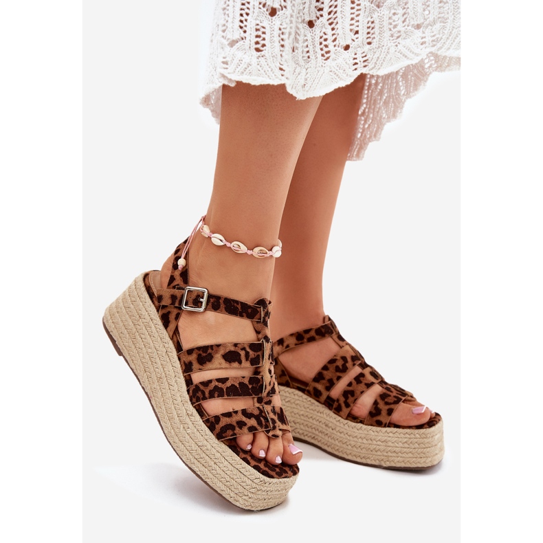 Sandalias para mujeres con rayas y trenza de leopardo marrón 1