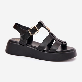 Sandalias de mujeres en la plataforma con un detalle dorado negro 4