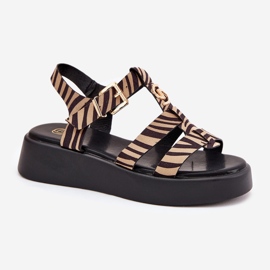 Sandalias de mujeres en la plataforma con un detalle dorado de la cebra de color negro beige 4