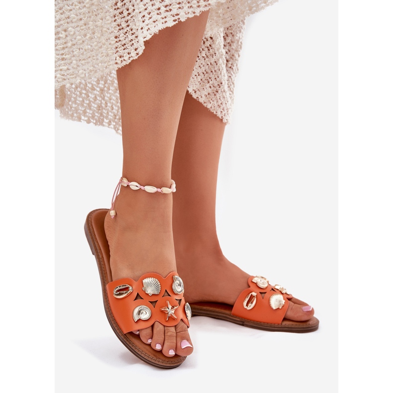 Chanclas de mujer plana con alfileres dorados naranja 2