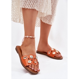 Chanclas de mujer plana con alfileres dorados naranja 3