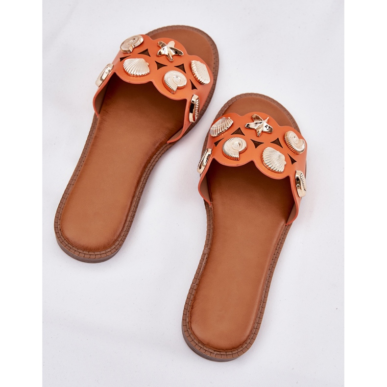 Chanclas de mujer plana con alfileres dorados naranja 1