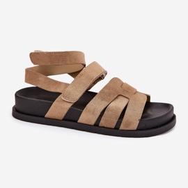 Sandalias para mujeres de gamuza ecológica con velcro beige oscuro 4