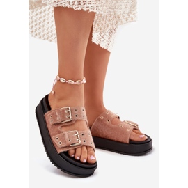 Flip Flip Flip Flip con hebillas de oro en la plataforma beige rosado 1