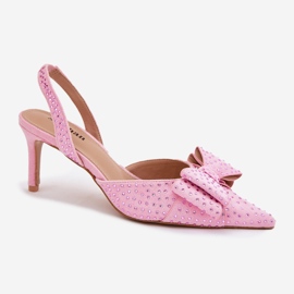 Tacones altos decorados con un tacón abierto y un arco rosa rosado 1