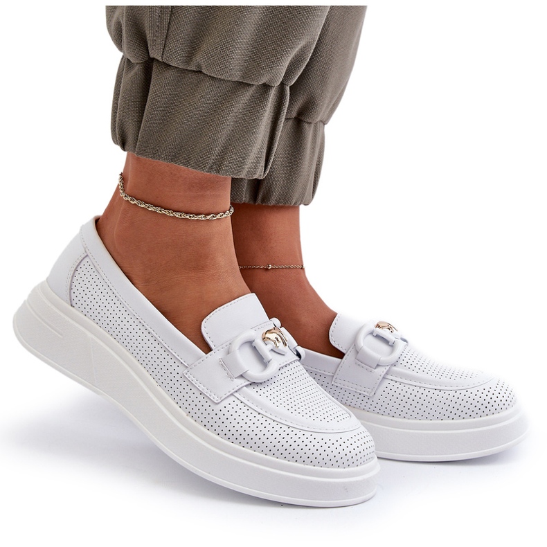 S.Barski Mocasines de cuero para mujeres en Plataforma Białe S. Barski LR720 con un adorno blanco 4