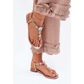 Sandalias de mujer de cañón plano con cristales de oro rosa dorado 3