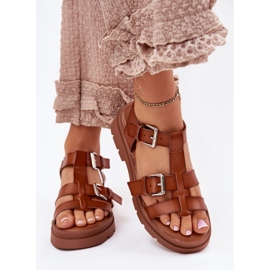 Sandalias de cuero ecológica para mujeres con hebillas de camello marrón 3