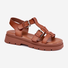 Sandalias de cuero ecológica para mujeres con hebillas de camello marrón 4
