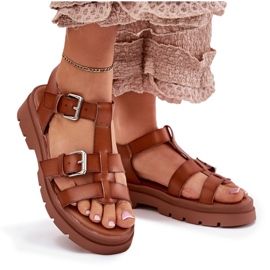 Sandalias de cuero ecológica para mujeres con hebillas de camello marrón 7