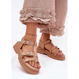 Sandalias de cuero ecológica para mujeres con hebillas de color caqui beige 2