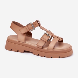 Sandalias de cuero ecológica para mujeres con hebillas de color caqui beige 4