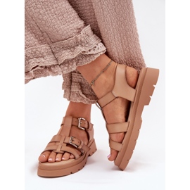 Sandalias de cuero ecológica para mujeres con hebillas de color caqui beige 3