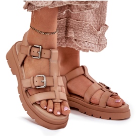 Sandalias de cuero ecológica para mujeres con hebillas de color caqui beige 9