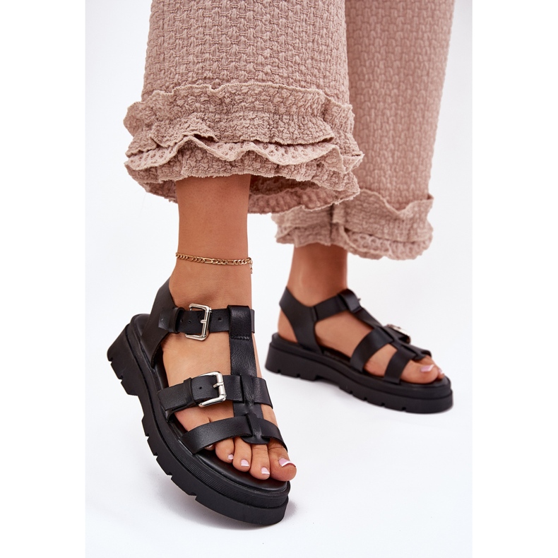 Sandalias de cuero ecológica para mujeres con hebillas negras negro 2