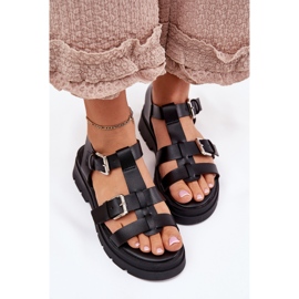 Sandalias de cuero ecológica para mujeres con hebillas negras negro 5