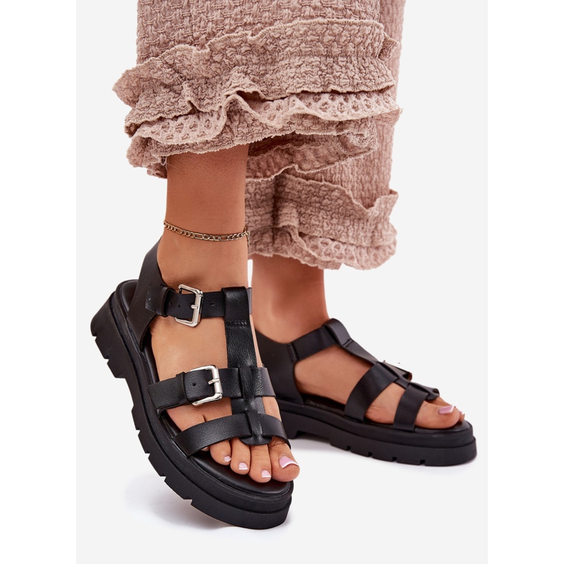 Sandalias de cuero ecológica para mujeres con hebillas negras negro 1