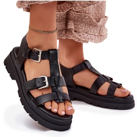 Sandalias de cuero ecológica para mujeres con hebillas negras negro 10