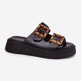 Zapatillas para mujeres de cuero ecológica en la plataforma con hebillas negras negro 4