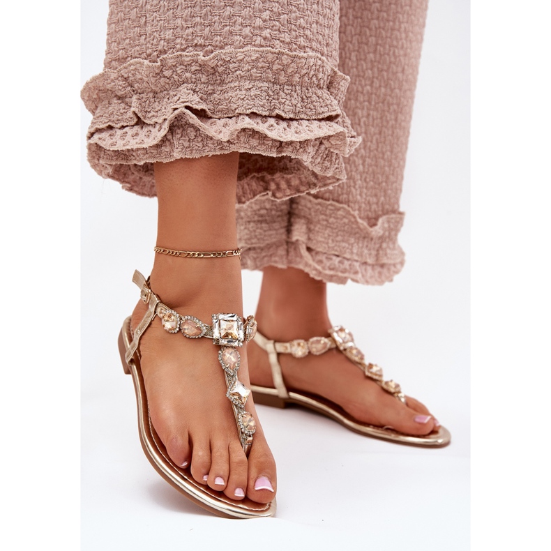 Sandalias de mujer de cañón plano con cristales dorados 2