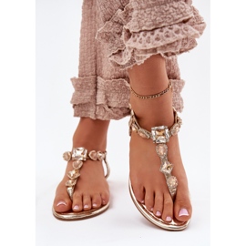 Sandalias de mujer de cañón plano con cristales dorados 3