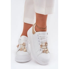 Zapatillas para mujeres en la plataforma con alfileres, blanco y oro 3