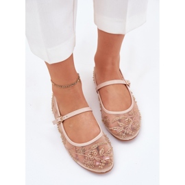 Ballerinas de malla con bordado y decoración beige 4