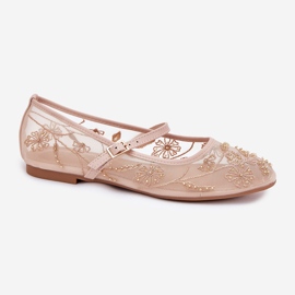 Ballerinas de malla con bordado y decoración beige 8