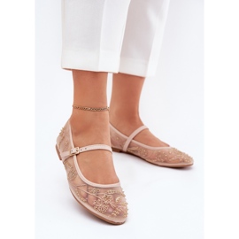 Ballerinas de malla con bordado y decoración beige 2