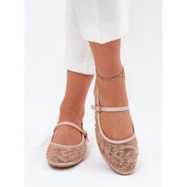 Ballerinas de malla con bordado y decoración beige 3
