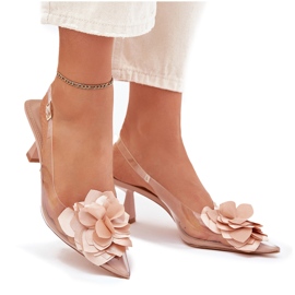 Sandalias transparentes en un tacón alto con una flor decorativa desnuda beige 11