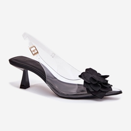 Sandalias transparentes en un tacón alto con una flor decorativa negra negro 4