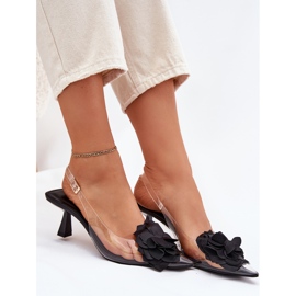 Sandalias transparentes en un tacón alto con una flor decorativa negra negro 9