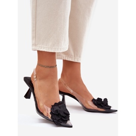 Sandalias transparentes en un tacón alto con una flor decorativa negra negro 1 Sandalias transparentes en un tacón alto con una flor decorativa negra negro 1