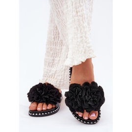 Chanclas para mujeres con flores de tela negras negro 3