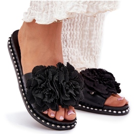 Chanclas para mujeres con flores de tela negras negro 10
