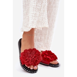 Chanclas para mujeres con flores de material rojo 1