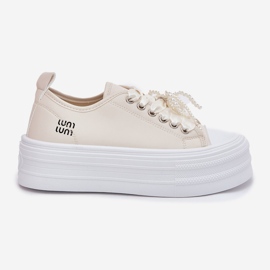 Zapatillas de deporte para mujeres en la plataforma con beige decorativo de cordones 7