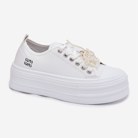 Zapatillas para mujeres en la plataforma con cordones decorativos blancos 4