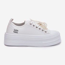 Zapatillas para mujeres en la plataforma con cordones decorativos blancos 8