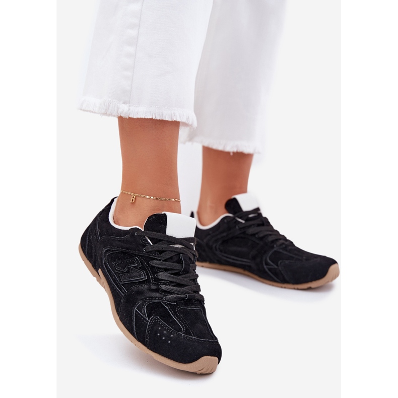 Zapatos deportivos femeninos con gamuza ecológico negro 1