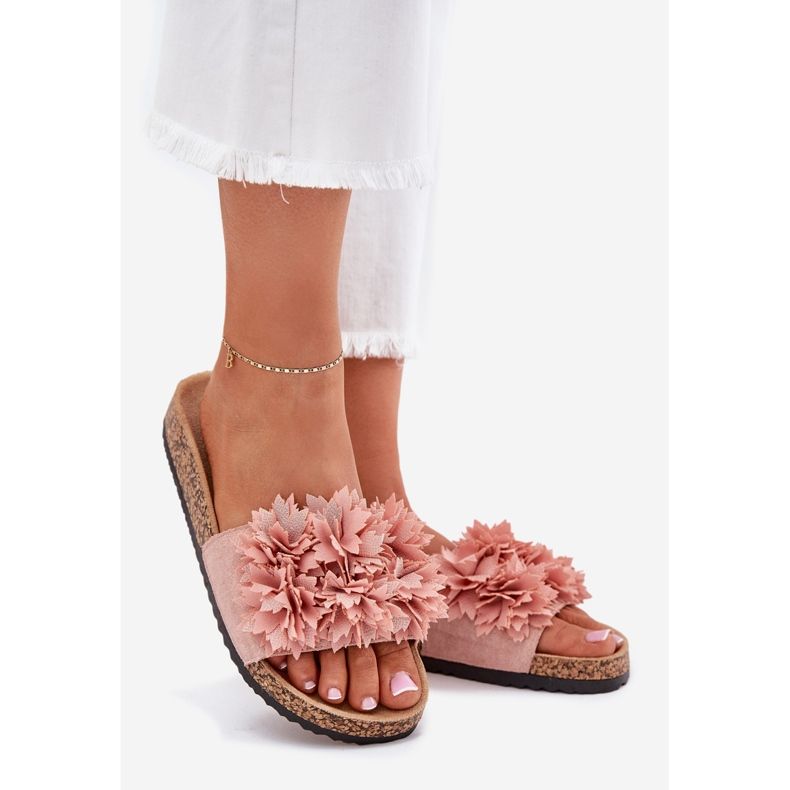 Zapatillas para mujeres en una suela de corcho con flores rosa rosado 1 Zapatillas para mujeres en una suela de corcho con flores rosa rosado 1