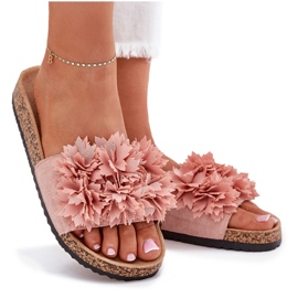 Zapatillas para mujeres en una suela de corcho con flores rosa rosado 11