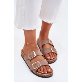 Chanclas para mujeres con abrazaderas doradas de gamuza ecológica beige 6