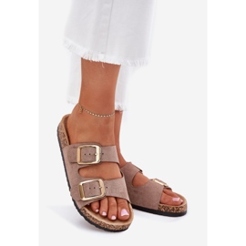 Chanclas para mujeres con abrazaderas doradas de gamuza ecológica beige 1