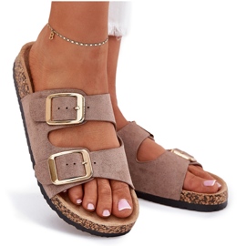 Chanclas para mujeres con abrazaderas doradas de gamuza ecológica beige 10