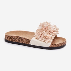 Chanclas para mujeres en una suela de corcho con flores decorativas beige 4