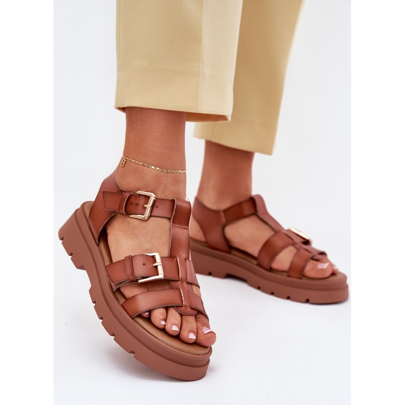EVento Sandalias para mujeres de cuero ecológica con hebillas de camello marrón 2